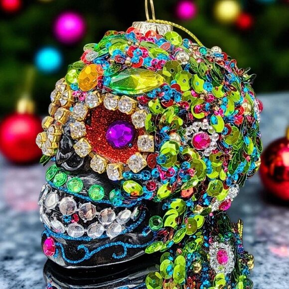 Sugar Skull Ornament Pier 1 Rhinestone Beaded Sequins Retired Halloween Black - Picture 1 of 10